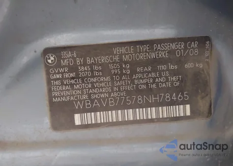 2008 BMW 335I из США, поврежденный, VIN WBAVB77578NH78465